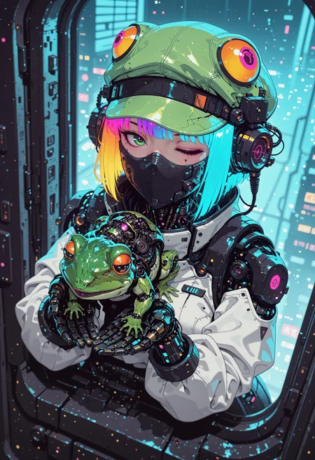 <lora:ck-nc-cyberpunk-IL-000011:0.60>,  masterpiece, best quality, good quality, very aesthetic, absurdres, newest, 8K, depth of field, focused subject, dynamic angle, side view, from above, action shot, wabi sabi android woman, rainbow hair, glowing hair, cute simplistic frog hat, gazing at the viewer, clean visible face, clean white rectangular ceramic material and mechanical parts, their face mask is open, one eye has mechanical enhancements,  skin, holding giant green frog, (futuristic fractal shaped artemis station in background, window view), Sci-fi anime movie (style by George Shaw),shallow depth of field, vignette, (Fujicolor Superia X-TRA 400) , (bioluminecent glow:0.8),
in the style of cknc,
<lora:MoriiMee_Gothic_Niji_Style_Illustrious_r1:0.5>
<lora:ck-neon-retrowave-IL:0.85>
<lora:ck-shadow-circuit-IL:0.35>