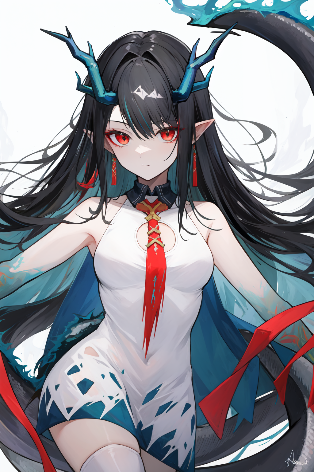 <lora:å¤-000020:0.8:lbw=char>,dusk \\\(arknights\\\),horns,dusk \(arknights\),long hair,black hair,dragon horns,multicolored hair,red eyes,dress,colored skin,earrings,dragon girl,tail,sleeveless,dragon tail,red necktie,white dress,colored skin,white thighhighs,, 1girl,
,  (masterpiece,best quality:1.2),absurdres