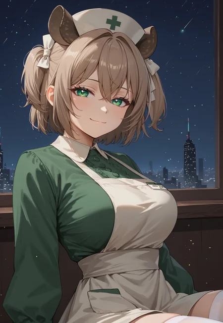 safe_pos, 1girl, solo, solo focus, highres, absurdres, NimiNightmare, nurse cap, green eyes, bangs, animal ears, brown hair, hair between eyes, short hair, one side up,
large breasts, white apron, green dress, long sleeves, collared dress, puffy sleeves, white thighhighs,
looking at viewer, closed mouth, smug, head tilt, from side,
cityscape, neon lights, window, dark, night, night sky, light particles, backlighting,