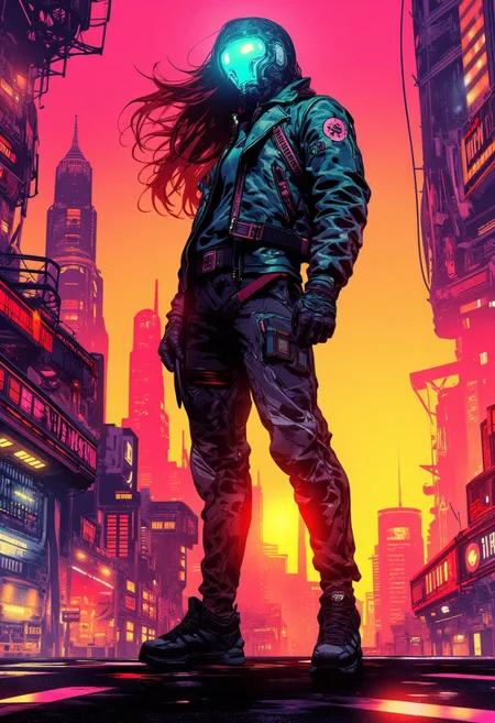 Inkpunk Anime, Abstract digital painting in the style of ck-js, concept art, futuristic, cyberpunk female warrior, reflective helmet, leather jacket, long flowing hair, standing on street of futuristic sci-fi city, towers, domes and skyscrapers, sunset, rule of thirds, perfect lighting, sunset, HD32K, wallpaper, hyperdetailed
