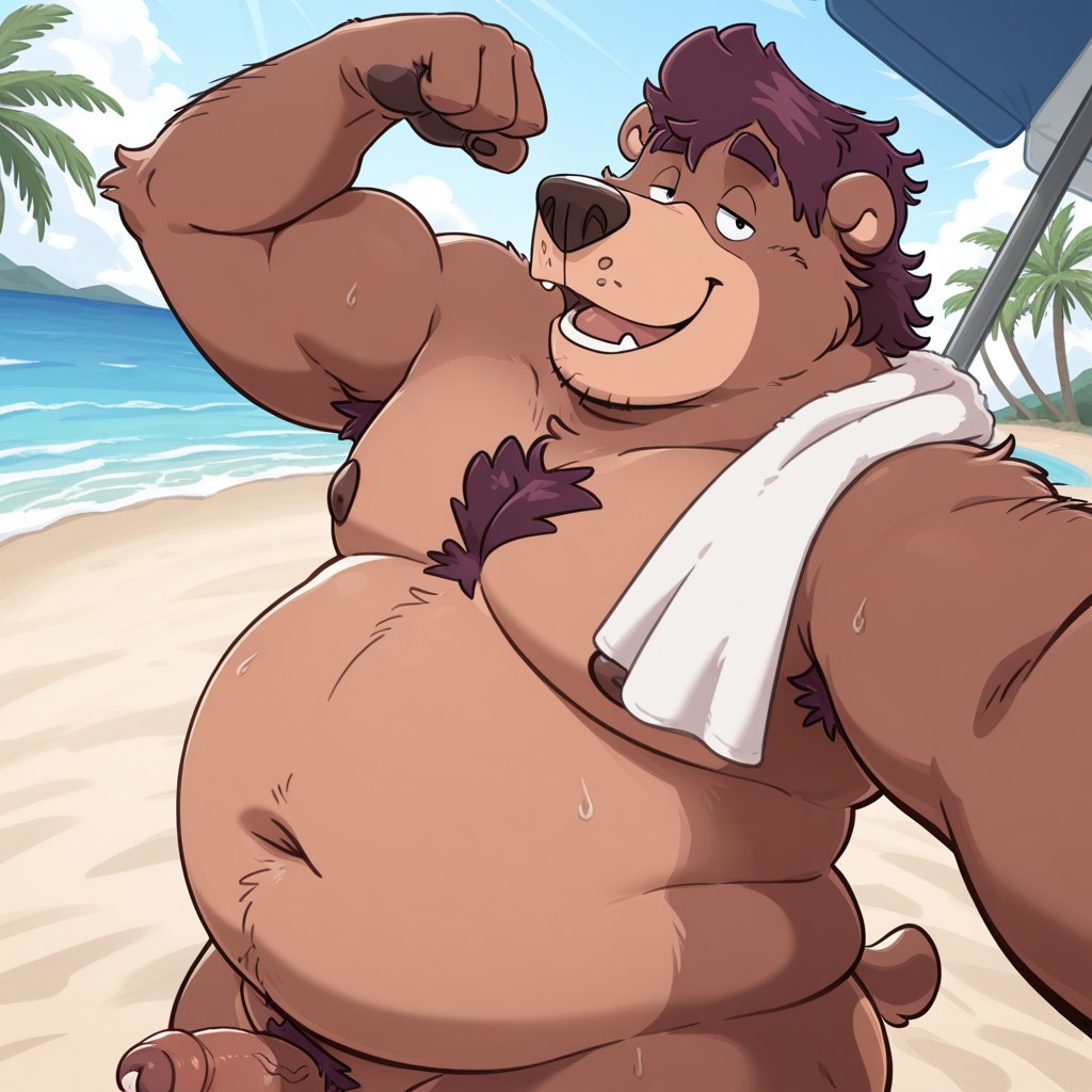 J4n, detail background, male, anthro bear, plump, overweight, fat, brown body/fur, dark purple hair, obese, big belly, dark purple chest hair, messy hairstyle, four fingers, short tail, short hair, dark purple eyebrows, round ears, short ears, black nose, black eyes, two tone fur, BREAK outside, beach, beach umbrella, palm trees, nude, white towel on shoulder, penis, foreskin, balls, wet body, outside BREAK male focus, high angle, selfie, half eyes closed, flexing bicep, looking up at viewer, standing, upper body