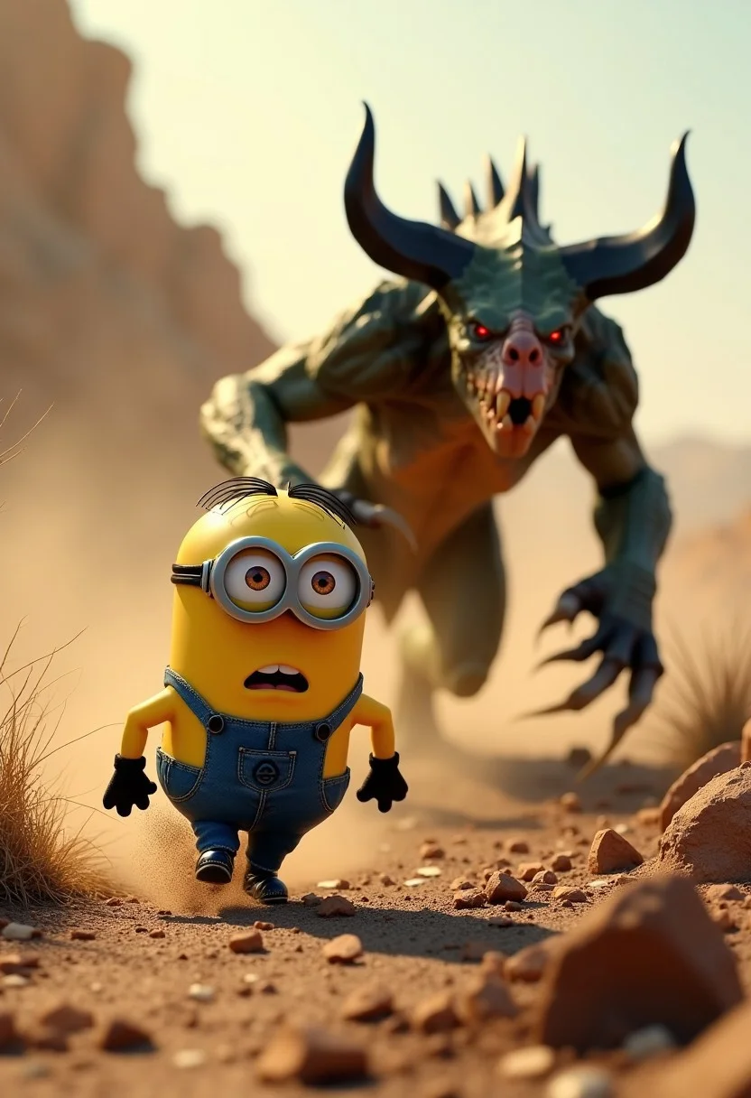 A hilariously epic scene in a desolate, post-apocalyptic wasteland: a Minion from Despicable Me, wide-eyed with terror, bolts on its tiny legs, its overalls flapping as it stumbles over rubble. Chasing it is a massive, primal Deathclaw, fully on all fours, its powerful claws tearing into the cracked earth as it lunges forward. The Deathclaw's eyes glow with fury, its curved horns and jagged teeth illuminated by the radioactive glow of the wasteland. Dust and debris fly as the Minion desperately tries to escape, its goggles reflecting the Deathclaw's terrifying approach. The scene is chaotic, with an absurd yet epic contrast between the Minion’s cartoonish panic and the Deathclaw’s feral menace