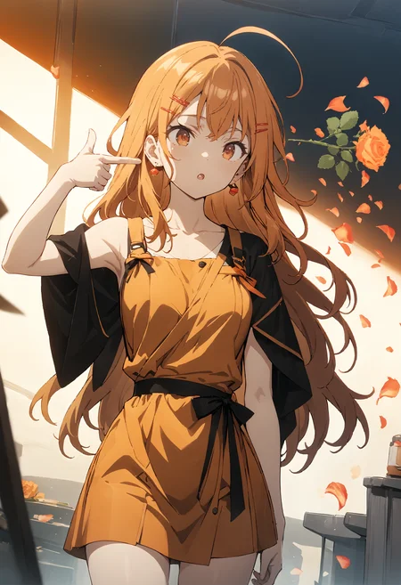 1girl,solo,:o,long hair,huge ahoge,earrings,hairclip,ribbon,wrap dress,asymmetrical_legwear,upper body,anime,orange theme,
<lora:boom finger gun_XL_bx-v1.03:1>,finger gun,orange rose,rose,petals,, (masterpiece,best quality,absurdres),
