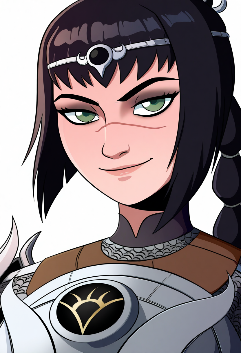 best quality, amazing quality, very aesthetic, absurdres,
1girl, solo, shadowheart, black hair, braided ponytail, green eyes, scar on face, circlet, armor,
smile, looking at viewer, upper body, simple background, white background, <lora:ShadowHeartIllustrious_byKonan:0.8>,  <lora:RavenRavenRavenNoob_byKonan:1>