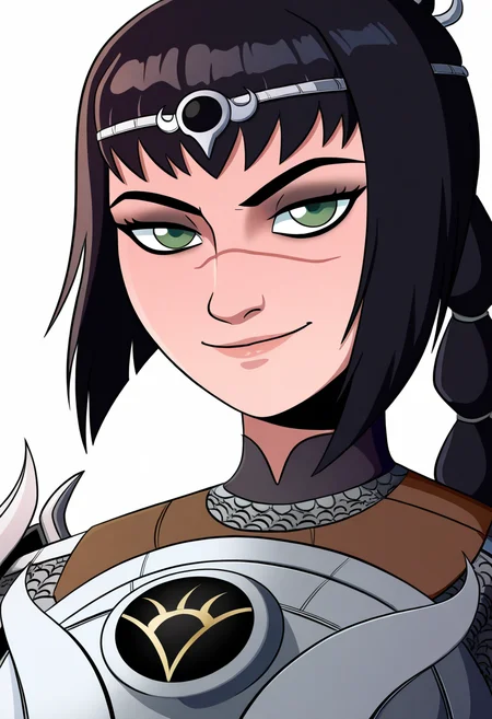 best quality, amazing quality, very aesthetic, absurdres,
1girl, solo, shadowheart, black hair, braided ponytail, green eyes, scar on face, circlet, armor,
smile, looking at viewer, upper body, simple background, white background, <lora:ShadowHeartIllustrious_byKonan:0.8>, <lora:RavenRavenRavenNoob_byKonan:1>