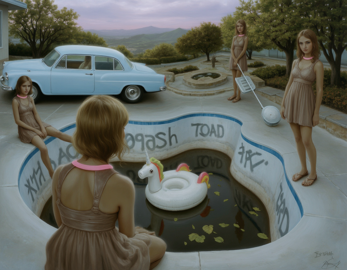 jvin, three girls all wearing the same brown dress with pink neck and wiast band sitting standing around a pool one with her back turned to viewer, one girl is holding a pool cleaning rod, inflatable unicorn in pool with gross brown water with leaves in it and graffiti, syd mead car and house, trees, hills, lilac sky with clouds