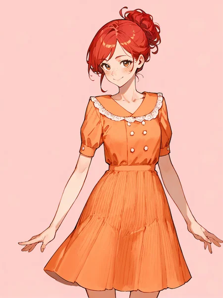 score_8_up, score_7_up, score_6_up, source_anime, 1girl, solo, simple background, pink background,
standing, pose, contrapposto, arched back, cowboy shot, facing viewer
smile, red hair
<lora:Collared_Dress:1>
short dress,
orange dress