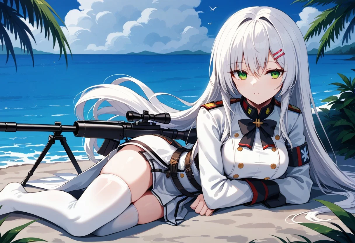 outdoors, sit down, green eyes, urban area,lying down on her stomach,snipe position, thighhighs, half eye closed, white haired girl, strip hair clips, white sniper uniform outfit,full body shot,bowtie ribbon,green eyes,ribbon hair ornament,expresionless,sniper elite girl on vacation,IWS 2000 sniper riffle
