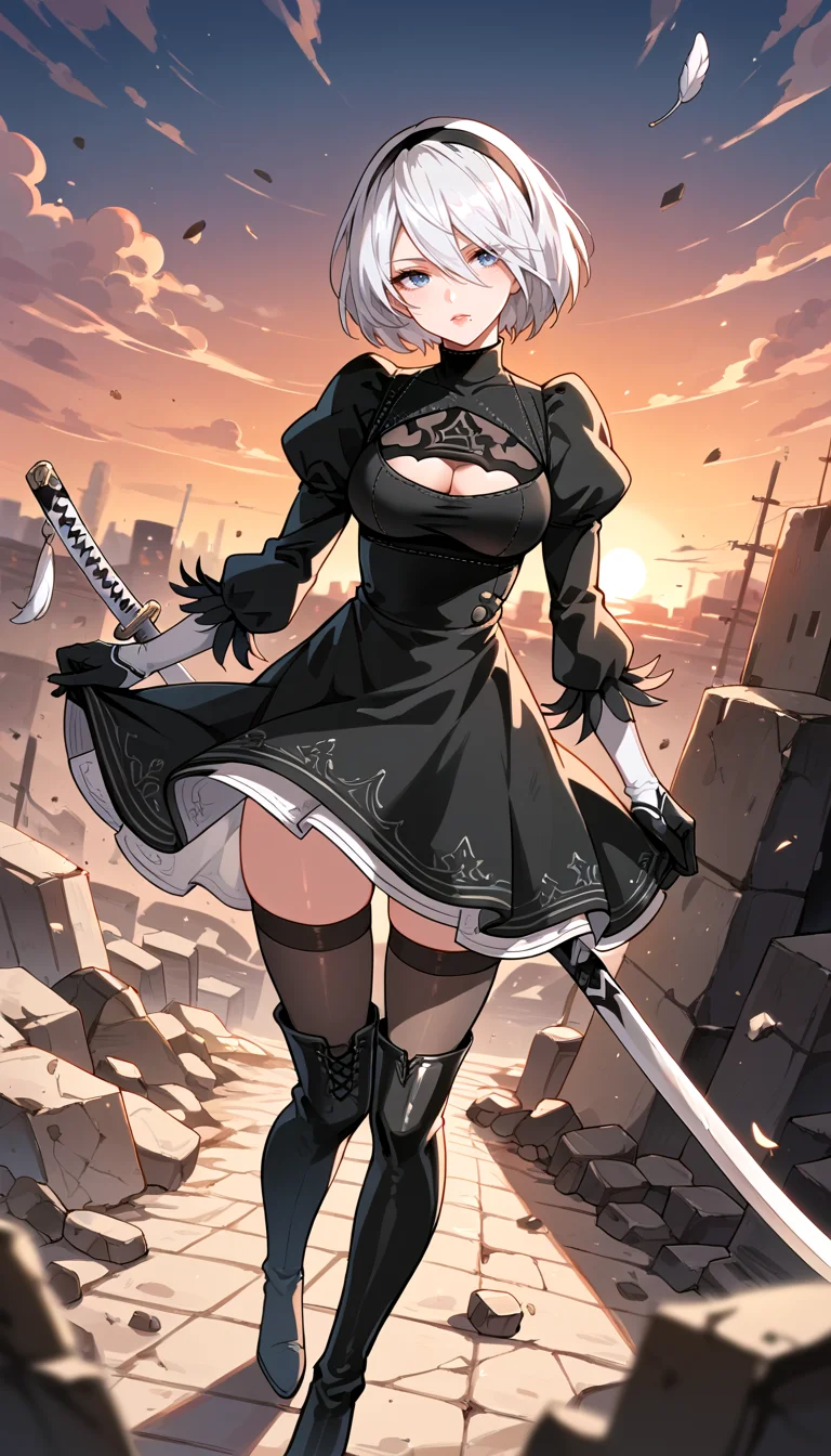 score_9, score_8_up, score_7_up, Anime Style, Full Body Shot, yorha no. 2 type b, short white hair, black dress, thighhighs, hairband, black gloves, clothing cutout, cleavage cutout, puffy sleeves, long sleeves, black hairband, feather-trimmed sleeves, juliet sleeves, mole under mouth, holding katana, black thighhighs, tight boots, turtleneck, sunset, rubble in the background, depth of field, dynamic angle, fashion photography, sharp, hyperdetailed:1.15