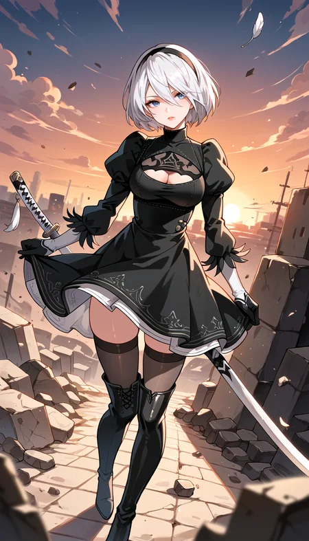 score_9, score_8_up, score_7_up, Anime Style, Full Body Shot, yorha no. 2 type b, short white hair, black dress, thighhighs, hairband, black gloves, clothing cutout, cleavage cutout, puffy sleeves, long sleeves, black hairband, feather-trimmed sleeves, juliet sleeves, mole under mouth, holding katana, black thighhighs, tight boots, turtleneck, sunset, rubble in the background, depth of field, dynamic angle, fashion photography, sharp, hyperdetailed:1.15