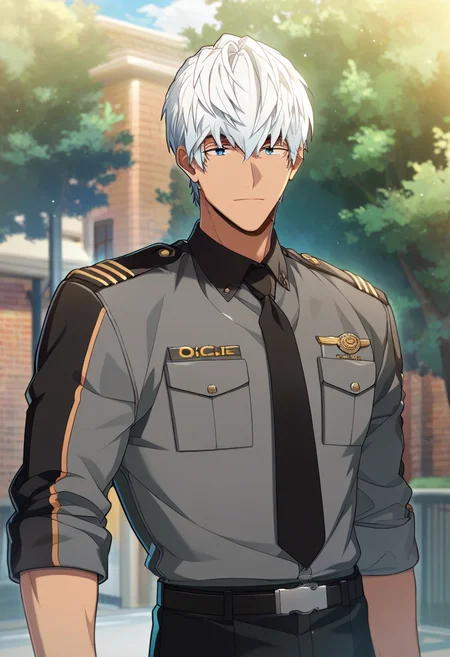 1boys, male focus,
<lora:Character - Helios Rising Heroes - Oscar Bale:1> oscarbale, dark-skinned male, white hair, blue eyes,
((zPDXL)), score_9_up, score_8_up, score_7_up, score_6_up, score_5_up, score_4_up, best quality, amazing quality, best aesthetic, absurdres, year2023, nsfw, game cg, official art, official style,
facing viewer, looking at viewer, outdoors, police uniform, grey shirt, black necktie, fingerless gloves, sleeves rolled up, expressionless,