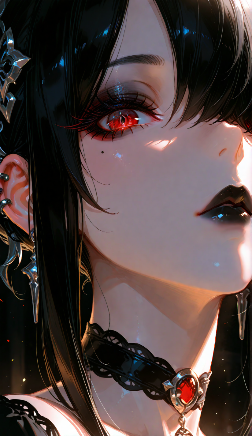 1girl, solo, looking at viewer, black hair, sidelocks, hair over one eye, red eyes, lips, makeup, black choker, lipstick, eyeshadow, gothic, makeup, black lips, eyeshadow, dark theme, face focus, close up, hair ornament, piercings, particles, Show less BREAK masterpiece, best quality, good quality, newest, highres, absurdres,  very awa, very aesthetic, volumetric lighting, ambient occlusion, raytracing BREAK masterpiece, best quality, good quality, newest, highres, nsfw, raytracing, uncensored, very aesthetic,  amazing quality,ultra-detailed,8K,illustration, ultra-detailed-eyes, detailed background, detailed pupils, eyelashes, long eyelashes