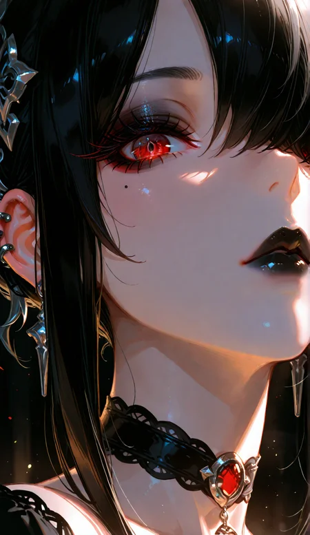 1girl, solo, looking at viewer, black hair, sidelocks, hair over one eye, red eyes, lips, makeup, black choker, lipstick, eyeshadow, gothic, makeup, black lips, eyeshadow, dark theme, face focus, close up, hair ornament, piercings, particles, Show less BREAK masterpiece, best quality, good quality, newest, highres, absurdres, very awa, very aesthetic, volumetric lighting, ambient occlusion, raytracing BREAK masterpiece, best quality, good quality, newest, highres, nsfw, raytracing, uncensored, very aesthetic, amazing quality,ultra-detailed,8K,illustration, ultra-detailed-eyes, detailed background, detailed pupils, eyelashes, long eyelashes