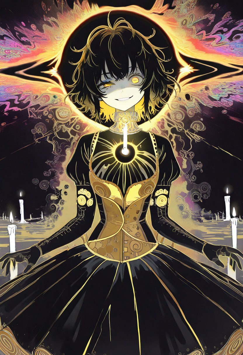 masterpiece, best quality, good quality, very awa, newest, highres, absurdres, solo, 
1girl, solo, short hair, yellow eyes, black hair, messy hair, 
gesugao, wide smile, uneven eyes, 
magical girl dress, yellow steampunk dress, metal collar, 
candle,  black hole, limited palette, sketch, glowing, psychedelic,