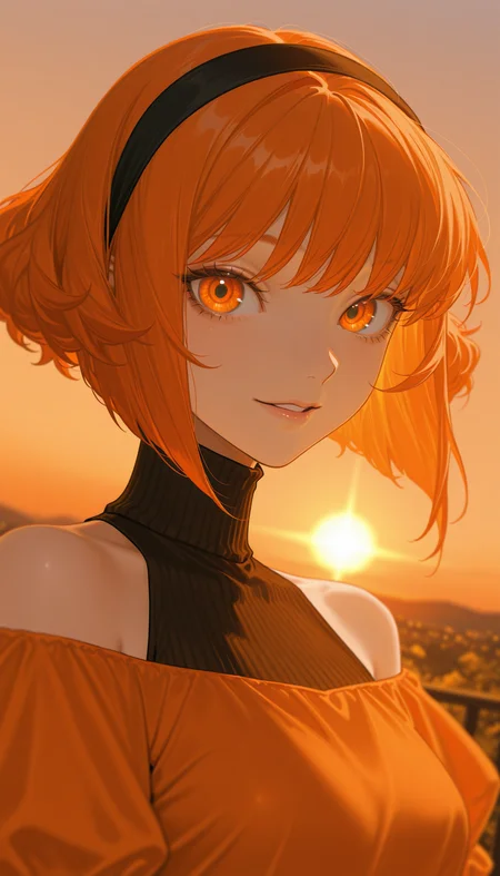 masterpiece, best quality, amazing quality, 4k, very aesthetic, high resolution, ultra-detailed, absurdres, newest, scenery, masterpiece, best quality, amazing quality, very aesthetic, high resolution, ultra-detailed, absurdres, newest, scenery, 1girl, solo, orange hair, inverted bob, hair band, shoulder-length hair, puffy hair, orange eyes, round eyes, light smile, parted lips, looking at viewer, turtle neck orange dress, off-shoulder, portrait, dutch angle, sunset, orange background, BREAK, depth of field, volumetric lighting