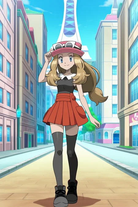 anime, animification, anime screencap, anime coloring, vivid colors, depth of field, high quality, highres, lumiose city, 1girl, serena \(pokemon\),1girl, solo, long hair, hat, blue eyes, skirt, blonde hair, full body, smile, thighhighs, sunglasses, standing, sleeveless, low-tied long hair, shirt, black footwear, pink headwear, red skirt, looking at viewer, sleeveless shirt, pleated skirt, eyewear on head, eyewear on headwear, adjusting headwear, shoes, black shirt, very long hair, sky, day, tower, prism tower, blue sky, building, scenery, city, road, street
<lora:Lumiose_city-10:1>