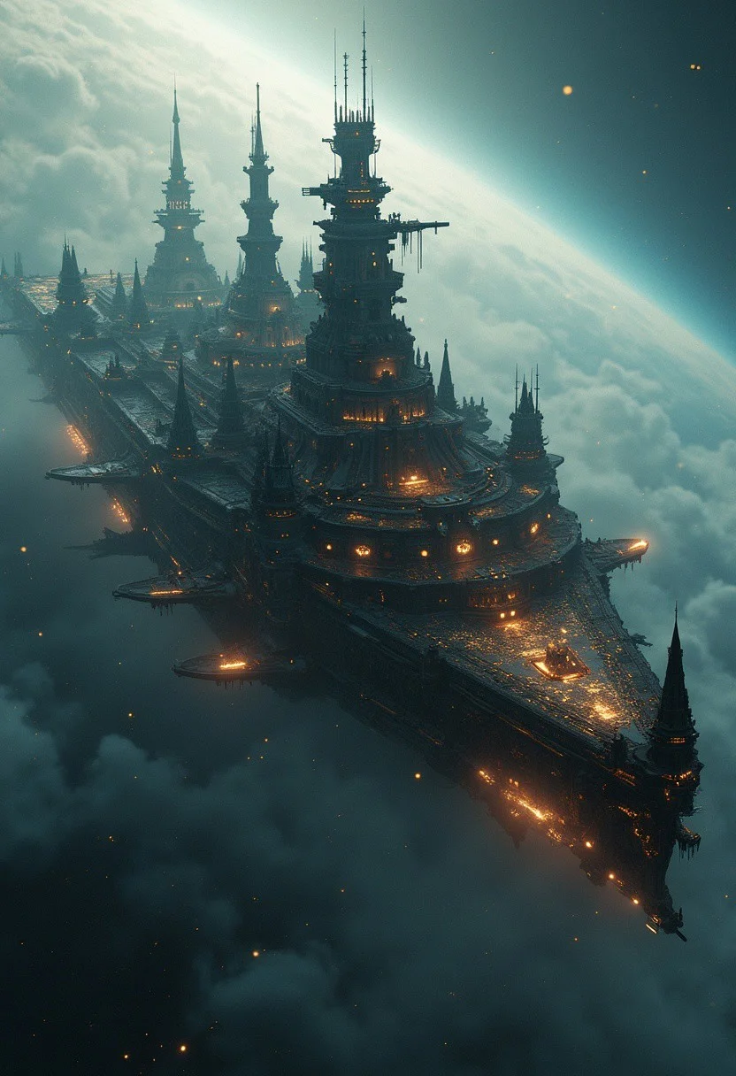 Masterpiece, ultra-realistic, 32k, best quality, hyper-detailed, cinematic lighting, reversal film photography, film grain, intricate textures, photorealistic, dramatic composition, immersive depth, trending on ArtStation.) (A colossal space battle cruiser drifts silently through the vast interstellar void, its gothic-mechanical architecture an awe-inspiring fusion of sci-fi and medieval grandeur. Byzantine palace-cathedral elements dominate its structure, towering spires reaching skyward, adorned with fluttering banners that ripple against the cosmic expanse.) (cybernetic decay woven into its divine yet eerie design. Embers drift weightlessly in the solemn silence, a haunting echo of forgotten wars and ancient faith.) (A dynamic wide-angle shot, with volumetric lighting, deep atmospheric contrast, and high cinematic tension, evoking a sense of solemn reverence and otherworldly power.)