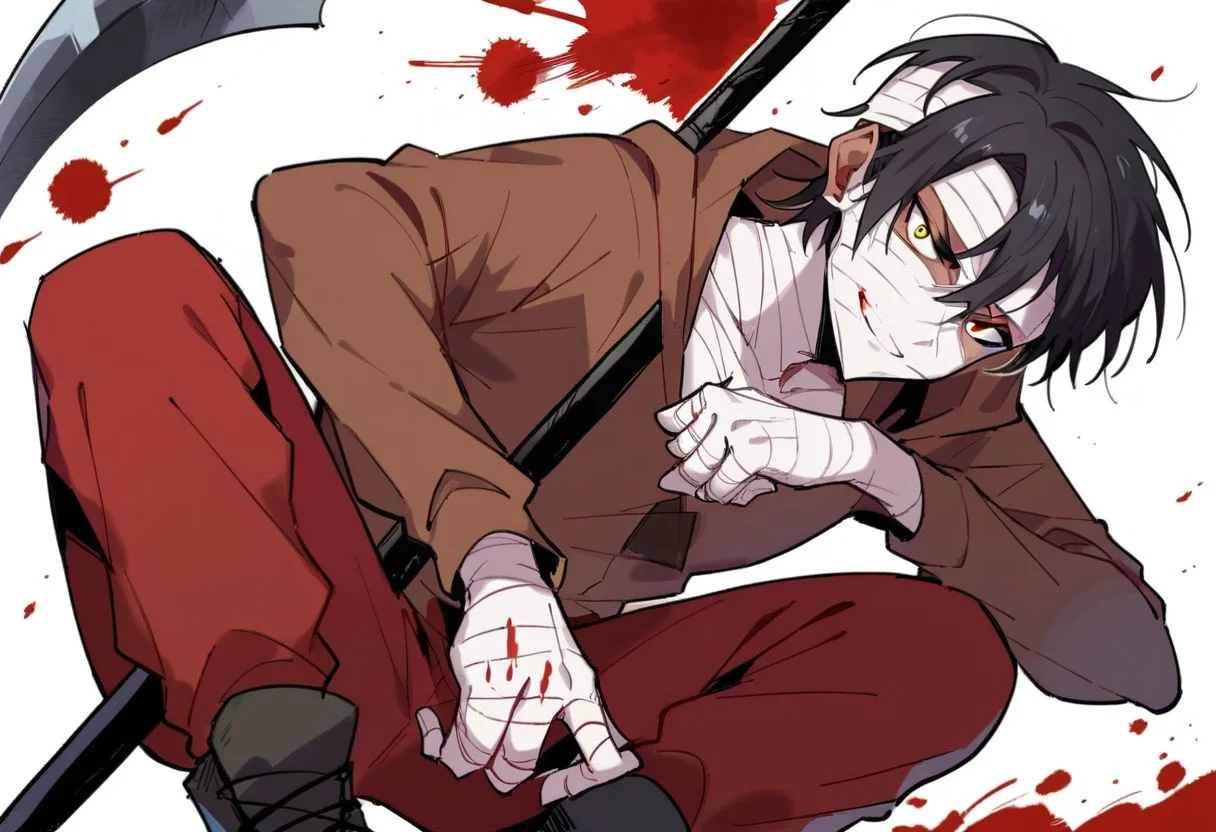 (score_9, score_8_up:1.1), score_7_up, isaac foster, 1boy, black hair, hood up, black eyes, yellow eyes, heterochromia, bandages, bandaged head, bangaded body, brown hoodie, red pants, holding scythe, front view, spreading legs, white background, smile, looking at viewer, serious, blood, back alley
