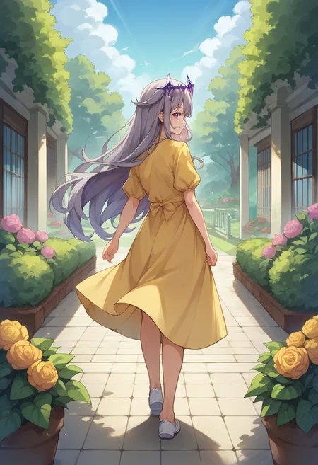 score_9, score_8_up, source_anime, 1girl, solo, KosekiBijou, long hair, hair flaps, floating headpiece, from behind, yellow sundress, garden, day, sunshine, smile, looking back, <lora:ChamKosekiBijouPonyXL:1>