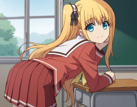 score_9, score_8_up, score_7_up, source_anime,
yusakurobane, <lora:yusa-kurobane-s1-ponyxl-lora-nochekaiser:1>,
yusa kurobane, long hair, blue eyes, blonde hair, hair ornament, ribbon, hair ribbon, one side up, side ponytail,
school uniform, serafuku, long sleeves, red blazer, red skirt, pleated skirt, white sailor collar,
indoors, classroom, bent over, smile,
looking at viewer, cowboy shot, solo, dutch angle,
