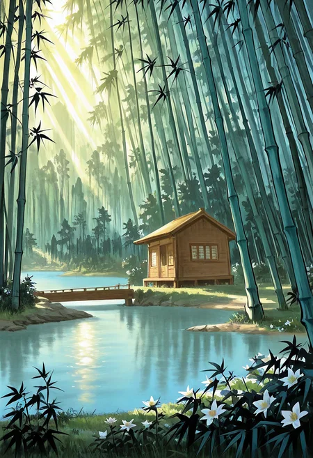 no humans, flower, lake, cabin, sunlight, tree, bamboo forest, 
BREAK
<lora:Ink_wash_painting_style_from_Doubao_AI:1> dbiwpstyle, traditional media, retro artstyle,
BREAK
best quality, masterpiece, very aesthetic, absurdres, highest detailed, very awa, simple background,