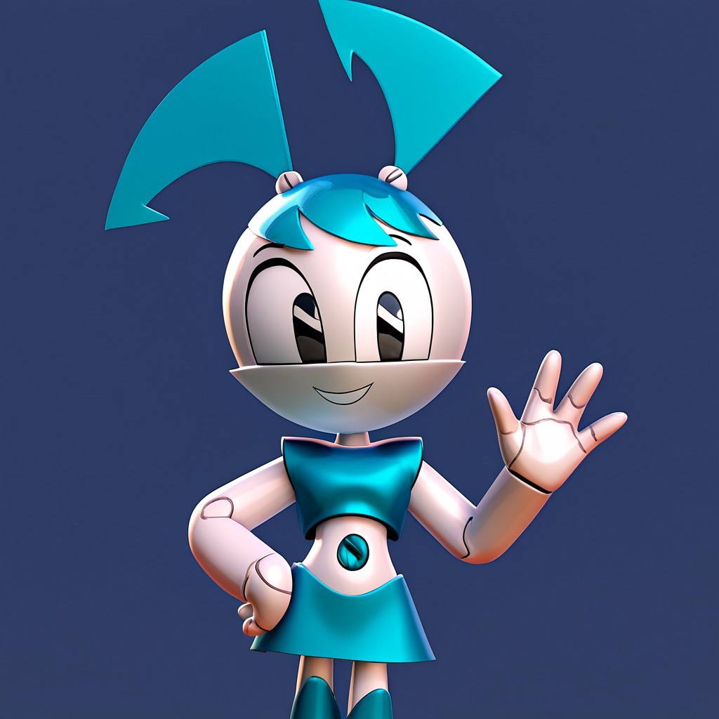 score_10, score_9_up, score_8_up, score_7_up, score_6_up, masterpiece, best quality, perfect cute face, nasbjenny, jenny wakeman, 1girl, solo, 3d, render, metallic, white skin, robot, robot joints, twintails, blue hair, black eyes, blue tank top, bare shoulders, blue navel, blue skirt, blue knee high boots, upper body, hand on hip, waving, open mouth, smile, simple bacgkround, dark blue background, looking at viewer, cowboy shot