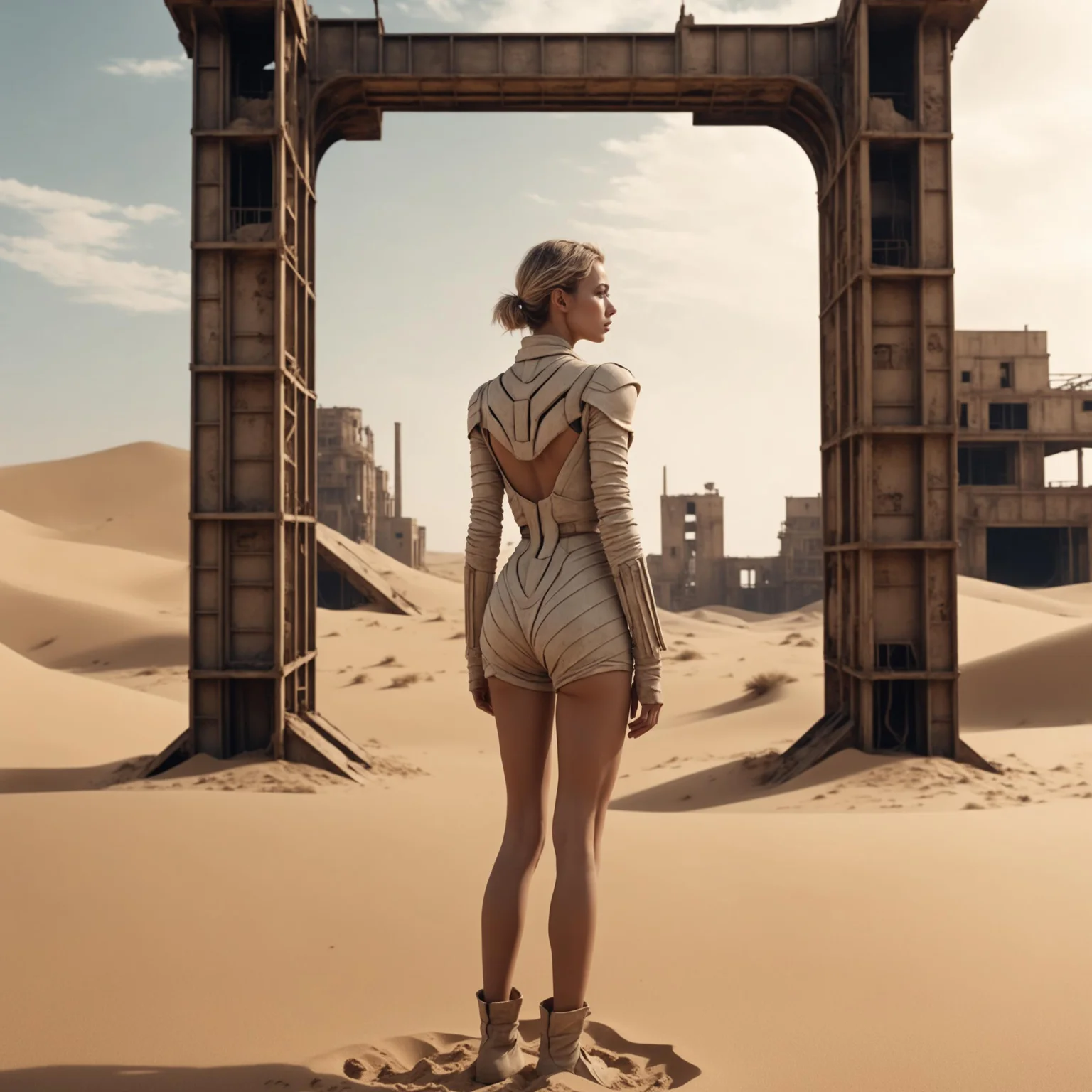 best quality, cinematic film still, futuristic factory ruins sunken in sand, desert, sand dunes, shimmering sand, in front a young woman wearing sandy outfit