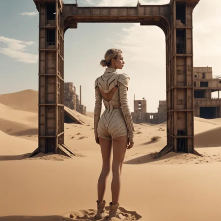 best quality, cinematic film still, futuristic factory ruins sunken in sand, desert, sand dunes, shimmering sand, in front a young woman wearing sandy outfit