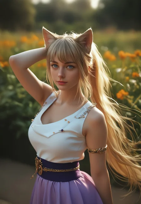 safe_pos, 1girl, solo, 23 yo, beauty face, looking at viewer, long hair, ((light brown hair)), long hair, dynamic pose
best quality, depth of field, bokeh, (((full clothed))), score_9, score_8_up, score_7_up, score_6_up, 1girl, gorgeous girl, cute face ,beautiful eyes,
((photorealistic quality))
semi-realistic, blonde, long hair, ponytail, side bangs, white crop top, medium breasts, fox ears, fox tail, cat eyes, purple iris, hide ears, lilac pencil skirt, armlets, slit skirt, purple waist sash, white stockings, half body view, outdoors, garden, standing, gr33n, plant, flower,
(((upper body))), dynamic pose
(8k uhd:1,4)
<lora:Dynamic Poses:1>
<lora:detailed_notrigger:1>