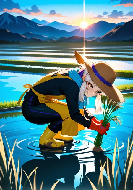 masterpiece, best quality, absurdres, perfect lighting,shiny skin,<lora:spo_sdxl_10ep_4k-data_lora_webui:0.7>,1girl,penthesilea \(fate\),white hair, black sclera,long sleeves,rubber gloves, rubber boots, apron, long pants,straw hat, towel around neck,squatting,licking lips,bent over,holding,rice paddy,grass,water,partially submerged,day, reflection, nature, blue sky, sun glare, mountain,cloudy sky,depth of field,glowing sunset, serene atmosphere, soft and warm lighting, natural setting, vibrant and whimsical,rice planting,<lora:rice planting:0.8>,mud,dirty face, dirty clothes