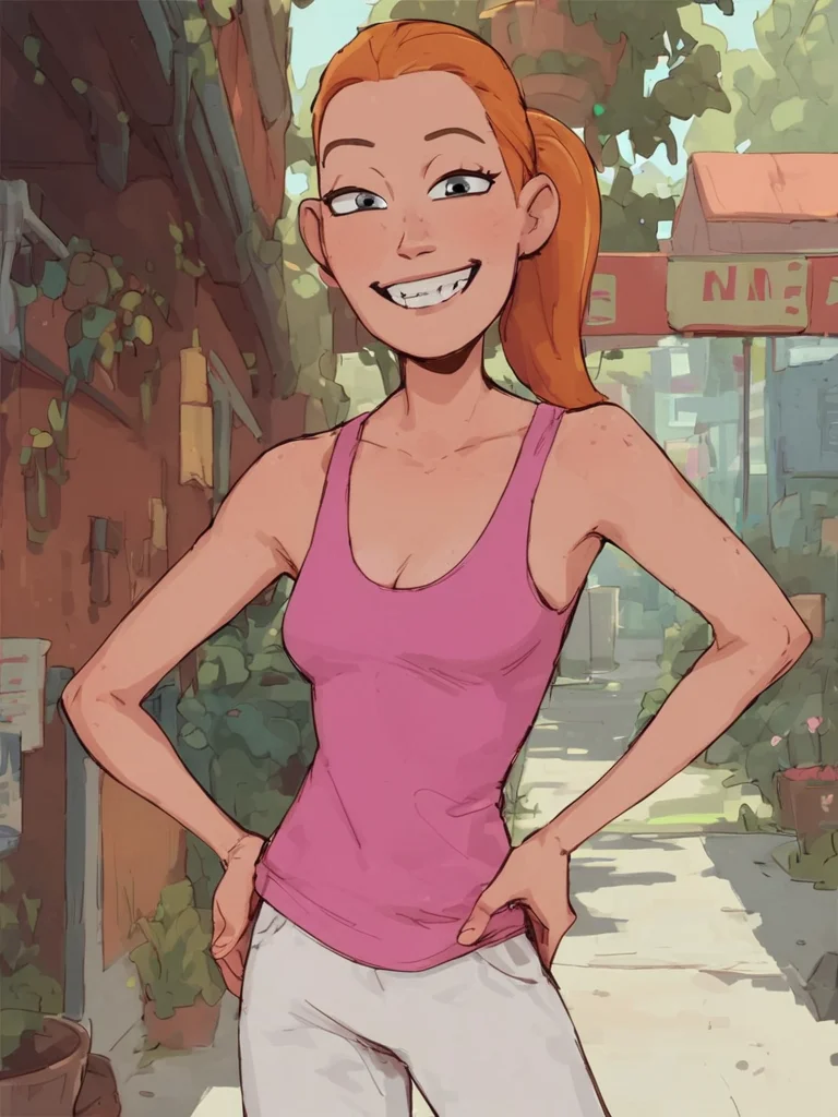 , looking at viewer, alien world,<lora:SummerPony1.0:0.7>,summer.smith, orange hair, 1girl, ponytail, solo, pink tank top, white pants, smile,standing,teeth, score_9, score_8_up, score_7_up, score_6_up
