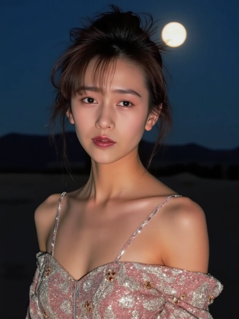 There are wonderful studio lights and various reflections,her thin face is very delicate,
18yo beautiful cute girl with blushing and female orgasm.skin naturally showing the texture of blood vessels and detailed pale skin,(looking at viewer:1.2),
--,
<lora:Kudo_Shizuka_f1_rank2_bf16:1>,she is Kudo Shizuka,wearing senior gorgeous silk kimono,
--, She was wearing a shiny low-cut sequined off-shoulder evening gown with thin straps, standing alone in the desert on a moonlit night.