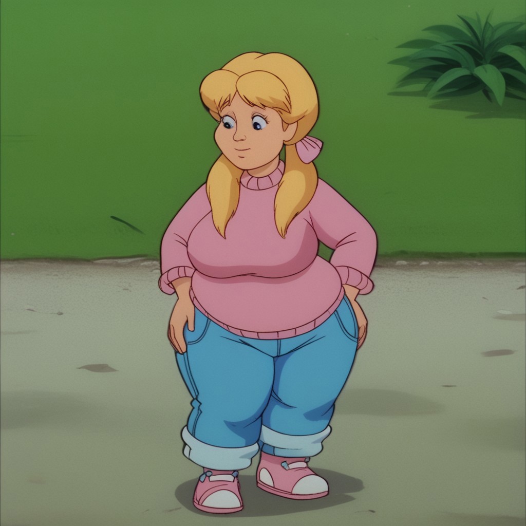 score_9, score_8_up, score_7_up, cartoon, retro_artstyle, screenshot, Kim Cherrywood, 1girl, blue eyes, blonde pigtails, pink sweater, pink bows, jeans, full body, fat, obese, chubby, plump, huge breasts, huge ass, thick thighs, giantess growth, giant woman, queen sized, gentle, nice, good, cute, smiles, closed mouth, stading, looking at backlook at own butt, shake own hips,