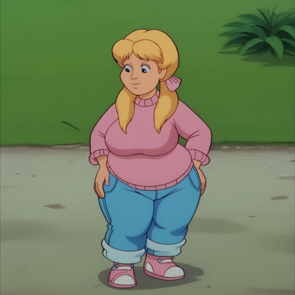 score_9, score_8_up, score_7_up, cartoon, retro_artstyle, screenshot, Kim Cherrywood, 1girl, blue eyes, blonde pigtails, pink sweater, pink bows, jeans, full body, fat, obese, chubby, plump, huge breasts, huge ass, thick thighs, giantess growth, giant woman, queen sized, gentle, nice, good, cute, smiles, closed mouth, stading, looking at backlook at own butt, shake own hips,