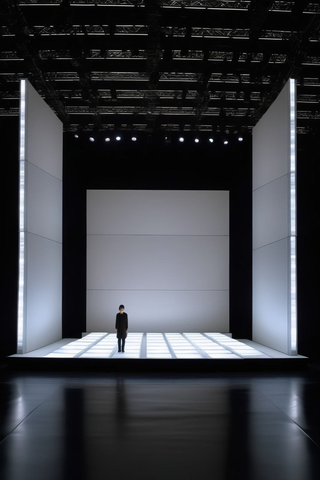 <lora:Ryoji Ikeda Style:1>Ryoji Ikeda Style - a square white mirrored stage, The scene is dark, there is an LED strip all around the perimeter. Frontal framing