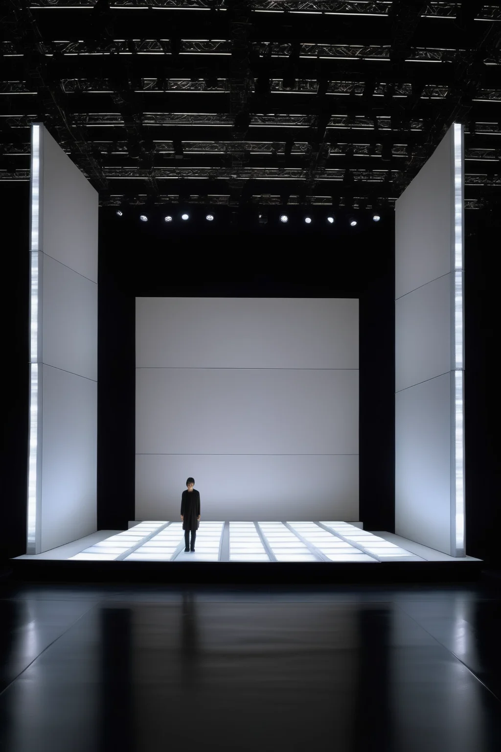<lora:Ryoji Ikeda Style:1>Ryoji Ikeda Style - a square white mirrored stage, The scene is dark, there is an LED strip all around the perimeter. Frontal framing