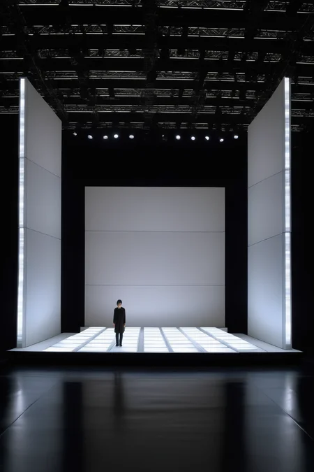 <lora:Ryoji Ikeda Style:1>Ryoji Ikeda Style - a square white mirrored stage, The scene is dark, there is an LED strip all around the perimeter. Frontal framing