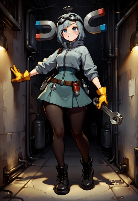 masterpiece, best quality, 1girl, solo, zzmgnmt, ,<lora:MagnemitePokedex_IXL:1.0>, narrow waist, wide hips, 1girl, factory background, industrial street fashion, oversized grey jacket, magnet-shaped zipper, utility skirt, metal harness, tool belt, work gloves, goggles on head, black tights, ankle boots, confident smile, oil smudges An industrial-casual look, perfect for a factory-tough girl. Her magnet-shaped zipper stands out, along with a cross-harness made of faux steel plates. Smudged with oil and sparks in the background, she has a rugged charm. A glowing wrench dangles from her belt, subtly shaped like Magnemiteâs eye.
