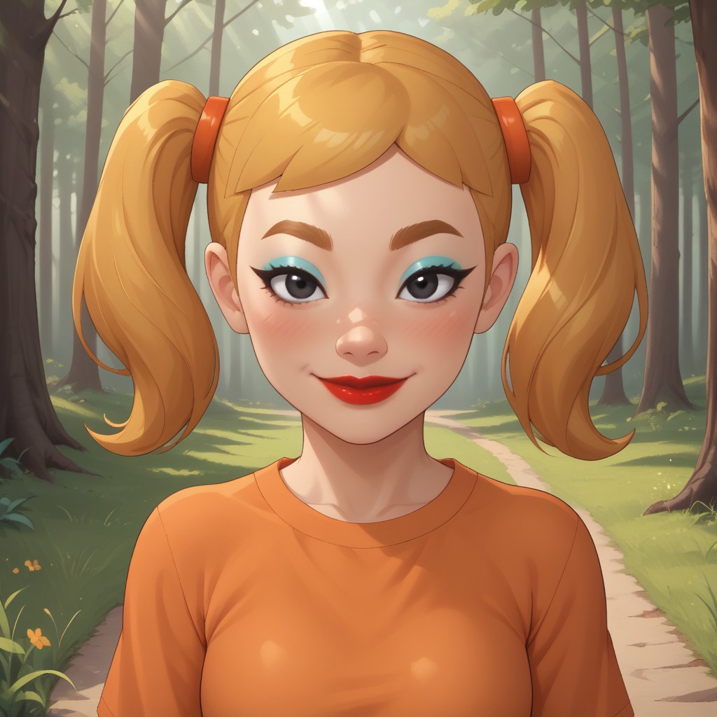score_9, score_8, BREAK, solo, mii, wii, wii sports, 1girl, female mii, cute, attractive, blonde hair, twintails, dark blonde eyebrows, makeup, blush, blue eyeshadow, red lips, lipstick, orange clothing, white pants, breasts, Nintendo Mii, modern_mii, classic_mii, Midoriya_(OC_Mii), black eyes sexy pose, smile, outdoors, sunlight, shadows, evening lighting, natural lighting, forest, trees, grass, orange sky, sunset