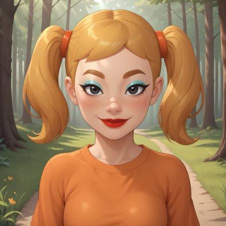 score_9, score_8, BREAK, solo, mii, wii, wii sports, 1girl, female mii, cute, attractive, blonde hair, twintails, dark blonde eyebrows, makeup, blush, blue eyeshadow, red lips, lipstick, orange clothing, white pants, breasts, Nintendo Mii, modern_mii, classic_mii, Midoriya_(OC_Mii), black eyes sexy pose, smile, outdoors, sunlight, shadows, evening lighting, natural lighting, forest, trees, grass, orange sky, sunset