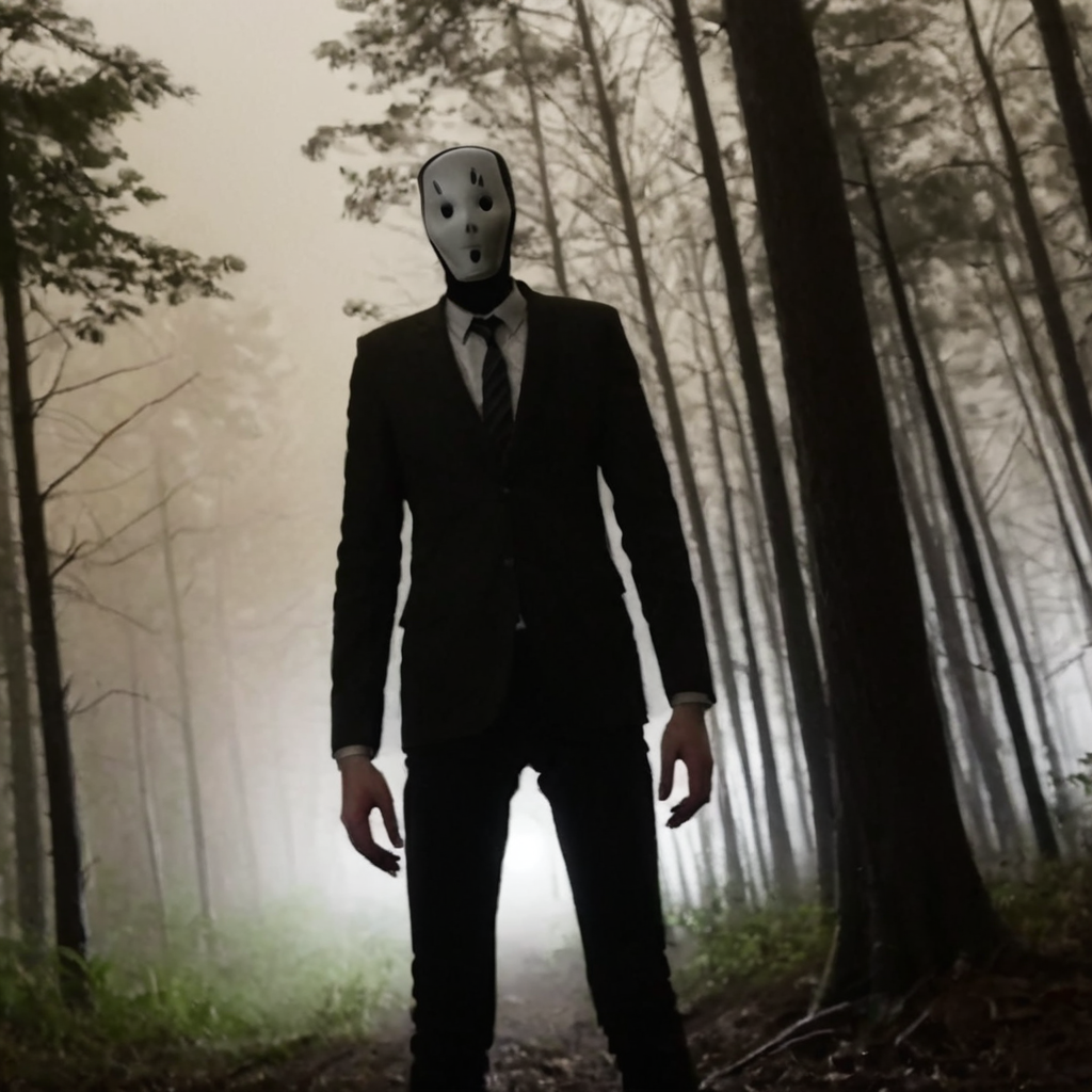 slenderman in dark forest, foggy, night, vhslora