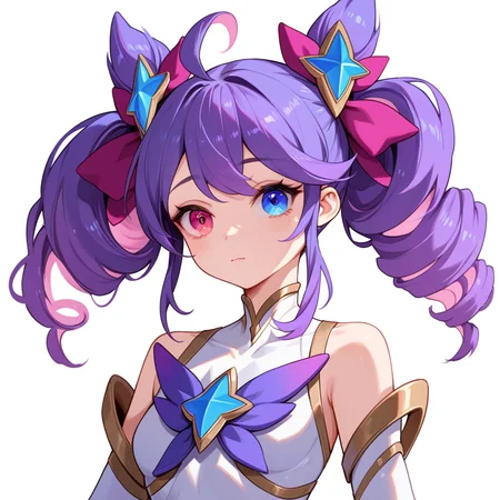 score_9, score_8_up, score_7_up, simple background, standing, upper body, 
1girl, gwen star guardian, heterochromia, twin drills, purple hair, ahoge, 
<lora:gwen_star_guardian_pony_v1:0.7>