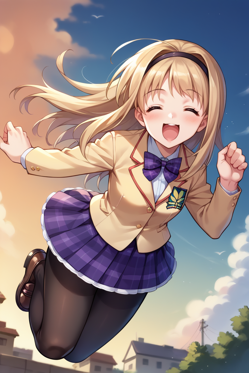 score_9, score_8_up, score_7_up, score_6_up, source_anime, BREAK 1girl,  <lora:chnanami-pdxl-nvwls-v1-000006:1> chnanami, blonde hair, purple eyes, hairband, bowtie, yellow blazer, plaid skirt, pantyhose, loafers, jumping, closed eyes, happy, blue sky