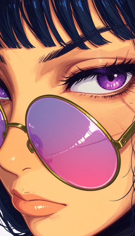 Shinkaistyle, masterpiece,
decarloxl, retro colors, 60s, retro, comic, fantasy,
jedopil, oil painting,
perfect eyes, vivid colors, vibrant colors, (lineless:1.5), smooth edges, In the dimly lit room, a young woman with a rebellious spirit stands out against the soft lighting. Her face is partially obscured by her hand, which rests casually on her hip, adding an air of mystery. She's dressed in an ensemble that reflects her nonconformist nature - a pair of sunglasses perched confidently atop her head and a tie-dye shirt that adds a splash of color to the scene. Her hair is styled into messy bangs, framing her serious expression. The background is shrouded in shadows, hinting at the dimness of the room. The woman's gaze is directed off to the side, suggesting she's lost in thought or observing something out of frame. Despite the darkness, her purple sunglasses stand out, a stark contrast against her light hair. The overall atmosphere of the image is moody and contemplative, with a focus on the woman's introspective pose., 1girl, solo, long hair, looking at viewer, short hair, bangs, simple background, shirt, black hair, 1boy, white background, closed mouth, purple eyes, male focus, glasses, blunt bangs, sketch, lips, eyelashes, scar, expressionless, sunglasses, portrait, scar on face, close-up, round eyewear, scar on cheek, tinted eyewear, looking over eyewear, eye focus, blue-tinted eyewear, pink-tinted eyewear, purple-tinted eyewear