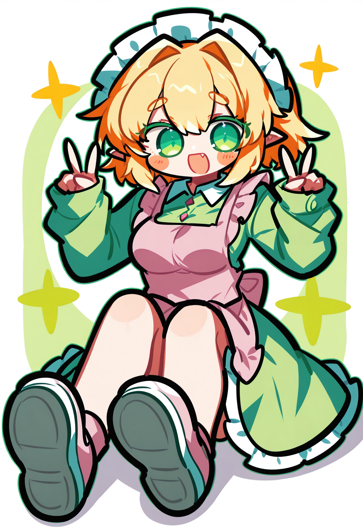 solo, full body,
1girl, pointed ears, elf, blonde, small eyes, green eyes, medium breasts, medium hair,
pink footwear, blush stickers, apron, double v, long sleeves, bandages,shoe soles,pink apron, maid headdress, sleeves past wrists, shirt, sparkle, dress, hair intakes,
smile, open mouth, fang,
v, sitting, shoes, looking at viewer, 
masterpiece,best quality,amazing quality, <lora:omoyunakyu715-_style_Illustrious:1>, omoyu_nakyu715,