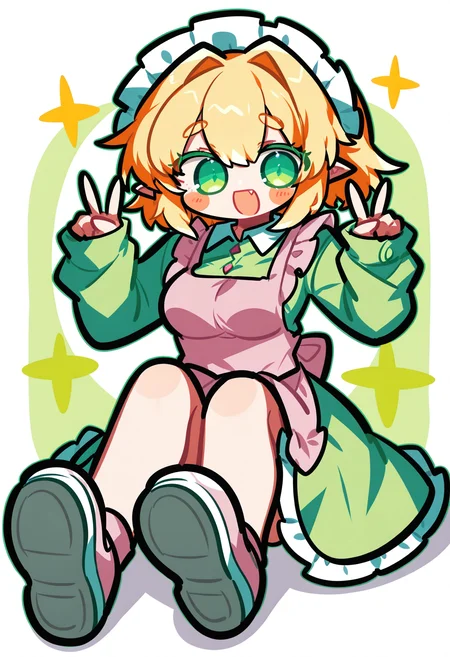 solo, full body,
1girl, pointed ears, elf, blonde, small eyes, green eyes, medium breasts, medium hair,
pink footwear, blush stickers, apron, double v, long sleeves, bandages,shoe soles,pink apron, maid headdress, sleeves past wrists, shirt, sparkle, dress, hair intakes,
smile, open mouth, fang,
v, sitting, shoes, looking at viewer, 
masterpiece,best quality,amazing quality, <lora:omoyunakyu715-_style_Illustrious:1>, omoyu_nakyu715,