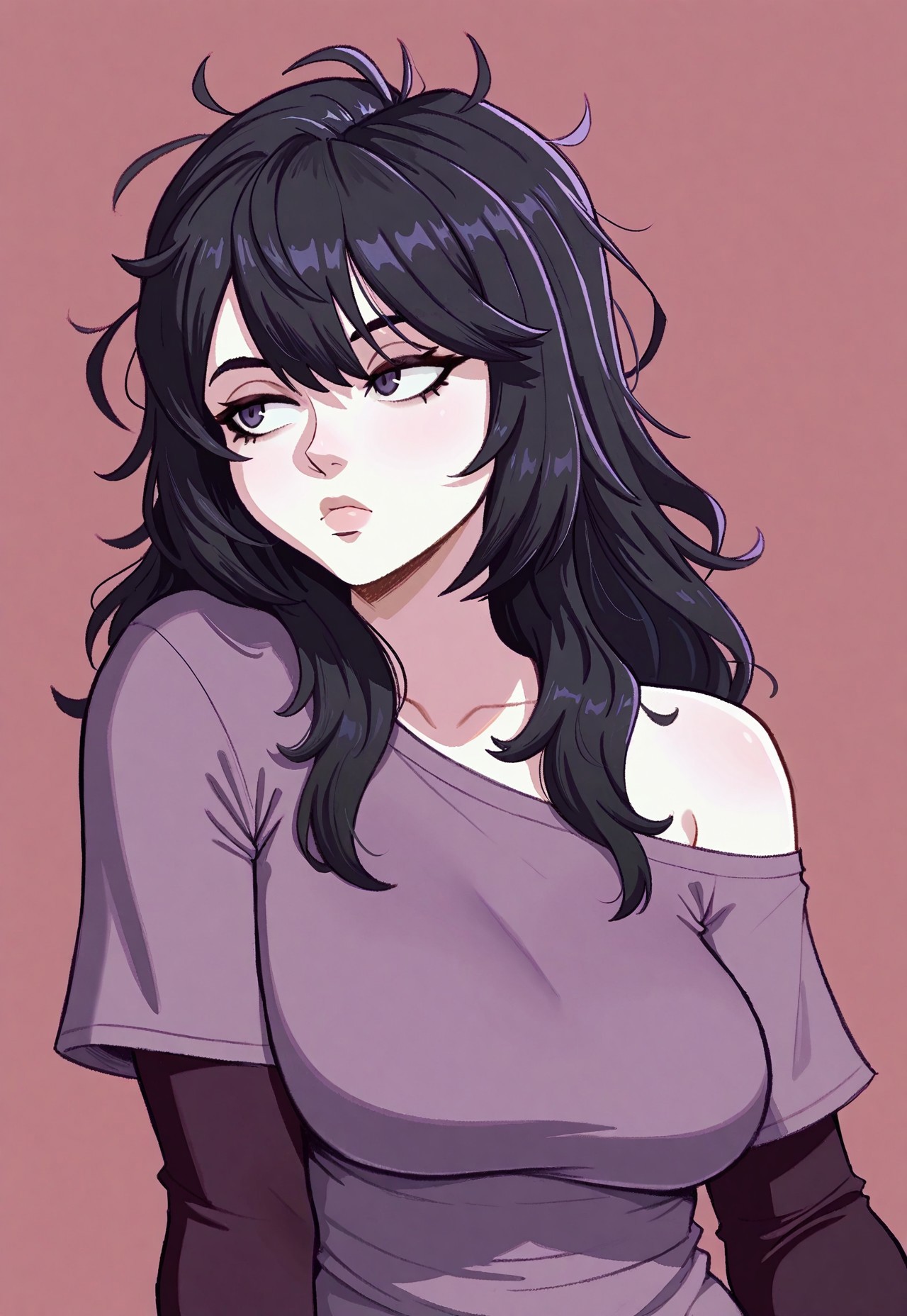 safe_pos, masterpiece, best quality, highres, safe, ArmasDraws, solo, 1girl, black hair, long hair, messy hair, white skin, left arm raised, purple shirt, dark sleeves, breasts, off shoulder, bored, looking to side, medium shot, portrait, simple background