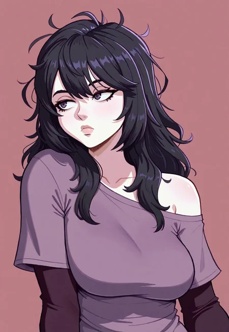 safe_pos, masterpiece, best quality, highres, safe, ArmasDraws, solo, 1girl, black hair, long hair, messy hair, white skin, left arm raised, purple shirt, dark sleeves, breasts, off shoulder, bored, looking to side, medium shot, portrait, simple background