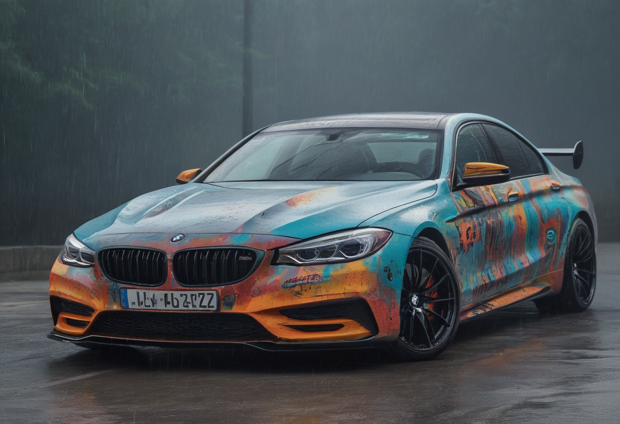 GTA-style artwork bmw and mercedes concept cars,<lora:CHV-Zoom:1>,Cornelisz Hendriksz Vroom vehicle,car,gulf [1],raining! [2], . Satirical, exaggerated, pop art style, vibrant colors, iconic characters, action-packed