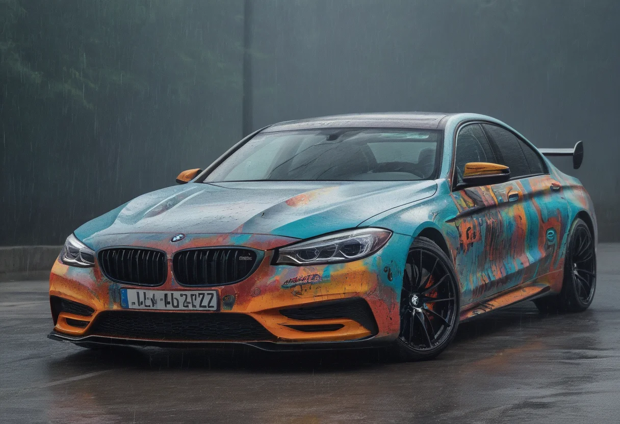 GTA-style artwork bmw and mercedes concept cars,<lora:CHV-Zoom:1>,Cornelisz Hendriksz Vroom vehicle,car,gulf [1],raining! [2], . Satirical, exaggerated, pop art style, vibrant colors, iconic characters, action-packed